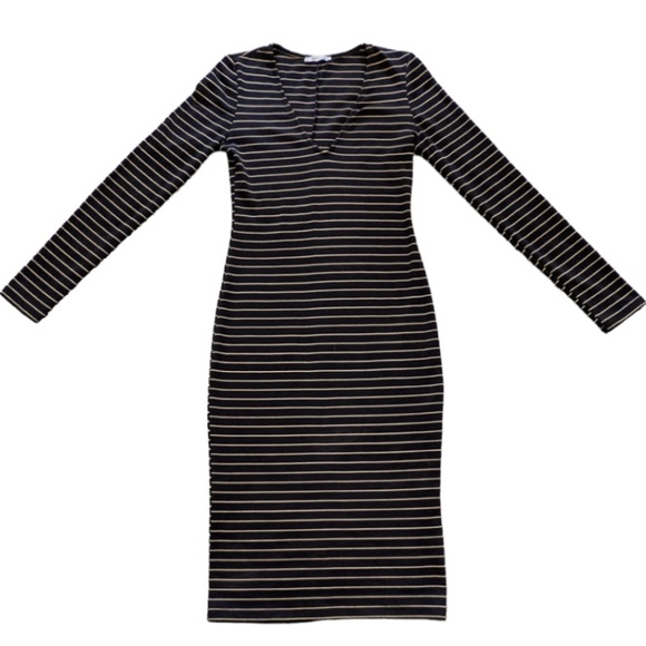 Zara Dresses & Skirts - ZARA Trafalu Striped Midi Dress. Long Sleeve/V-Neck. Navy/Tan. Sz. SM.